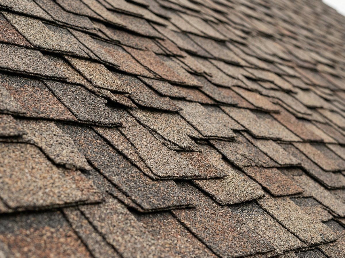 Weathered-wood architectural shingles closeup
