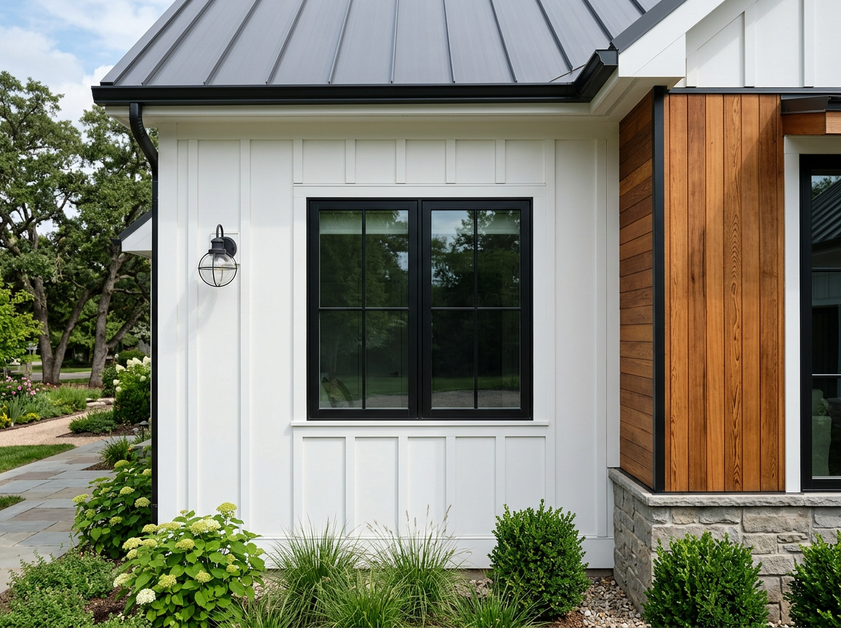 White board-and-batten siding with black trim and cedar accent