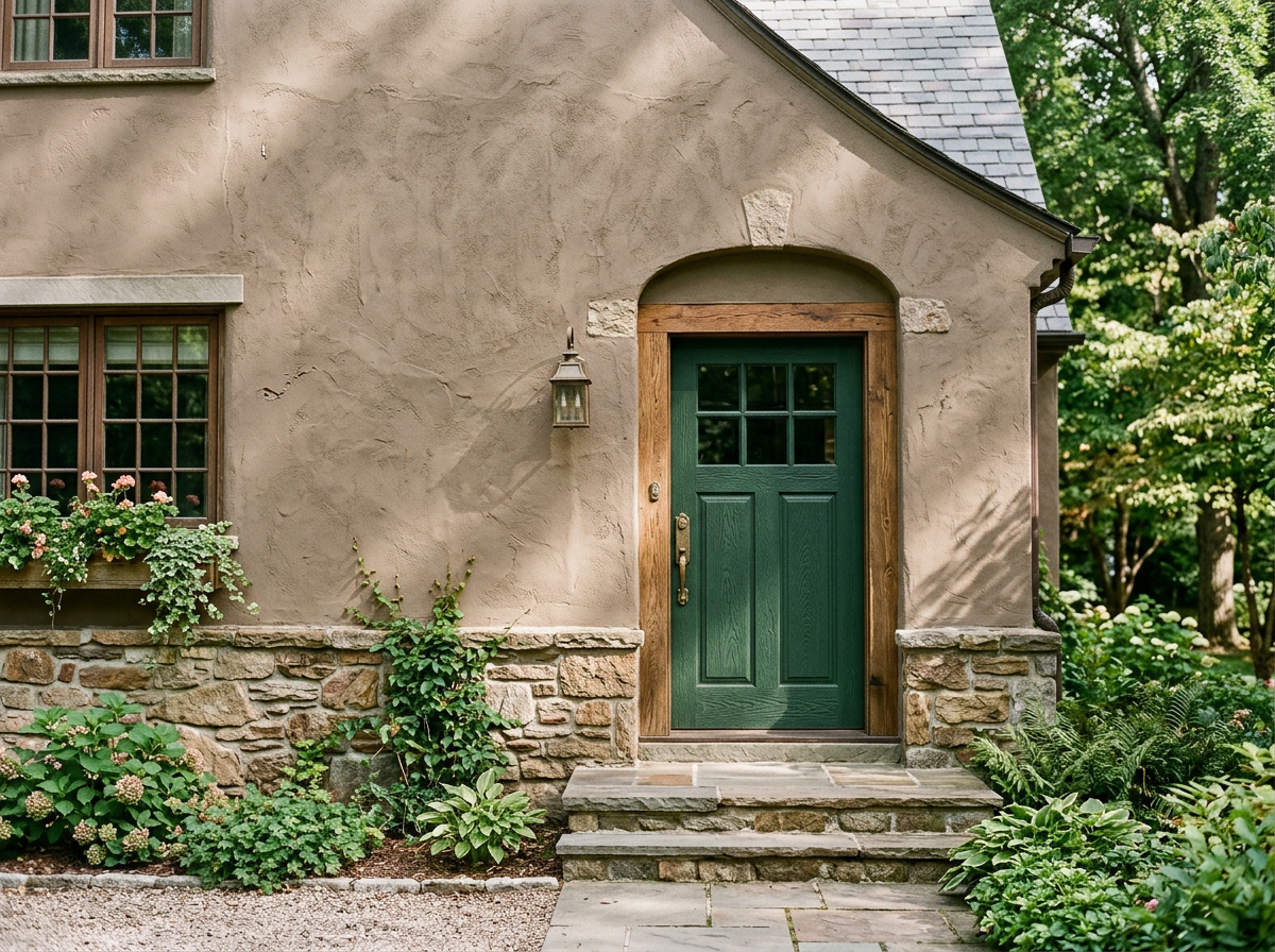 Warm stucco wall with stone veneer base and green door